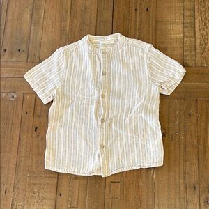 Noralee beige striped linen blend button up colorless short sleeve shirt 4T